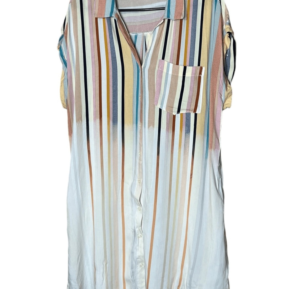 Umgee Striped Ombre Multi Color Short Sleeve Button Down Shirt Dress Medium